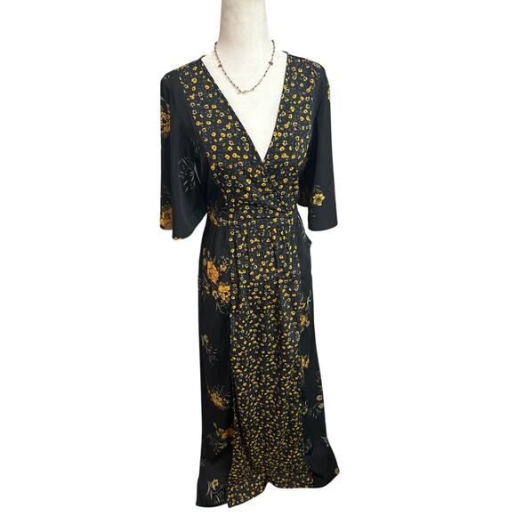 Band of Gypsies Black and Yellow Kimono Front Tie Waist Dress, Size Medium - Picture 1 of 7
